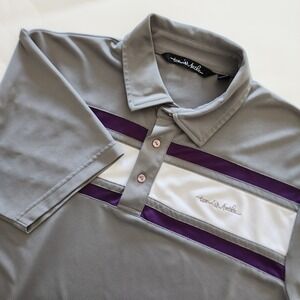 Travis Mathew gray purple white stripe golf polo shirt short sleeve mens size L